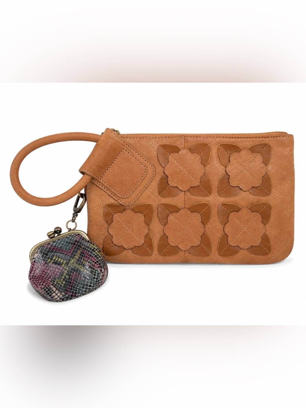 HOBO Sable Leather Floral Appliqué Wristlet Clutch w/ Coin Purse Tan